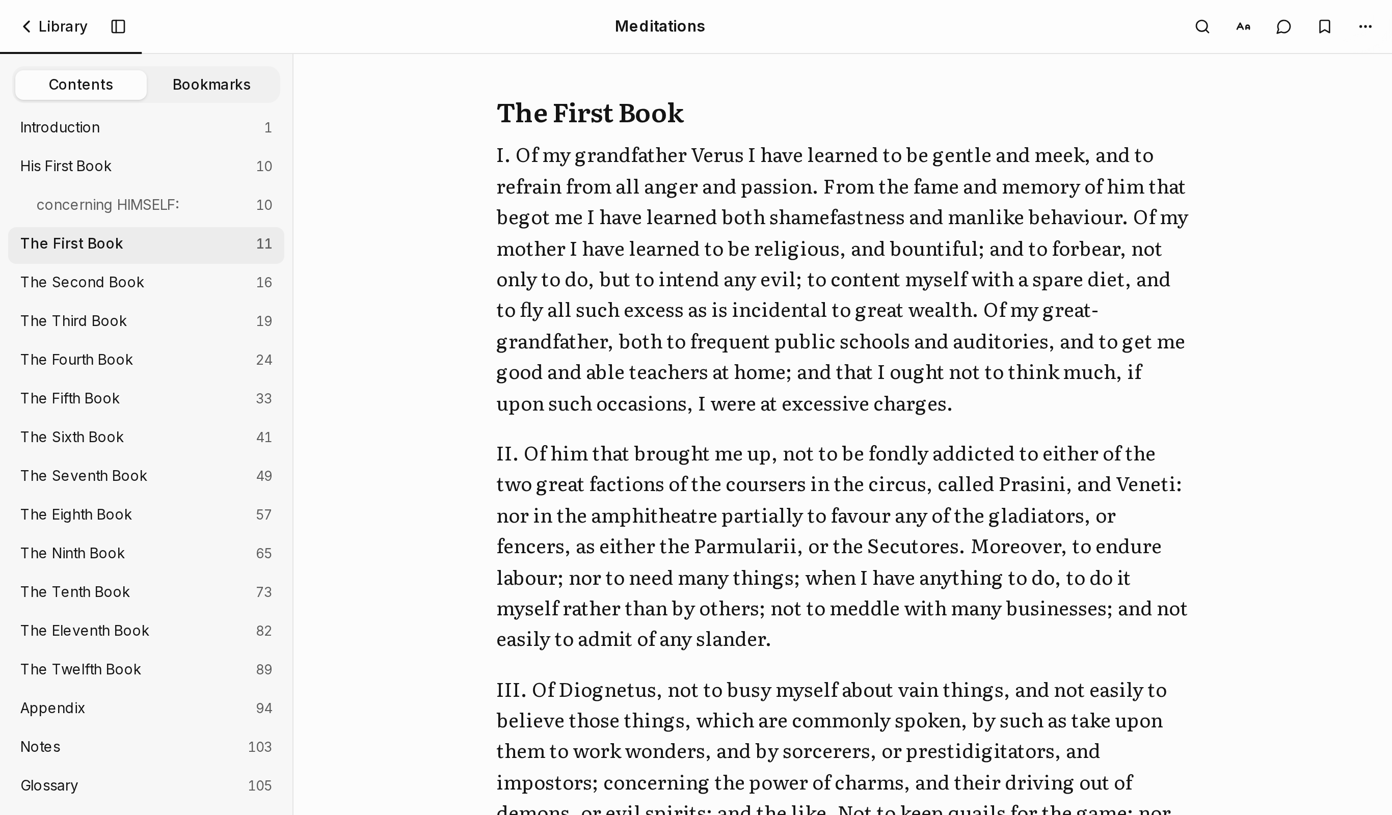 Meditations open in the reader on a desktop: the contents list on the left, the first book set in large serif text on the right.