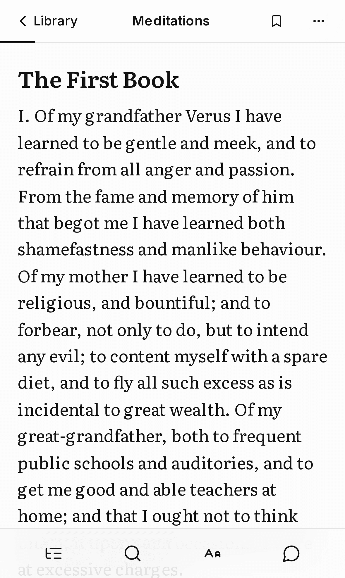 The same book on an iPhone: one screen of large serif text with the toolbar below.
