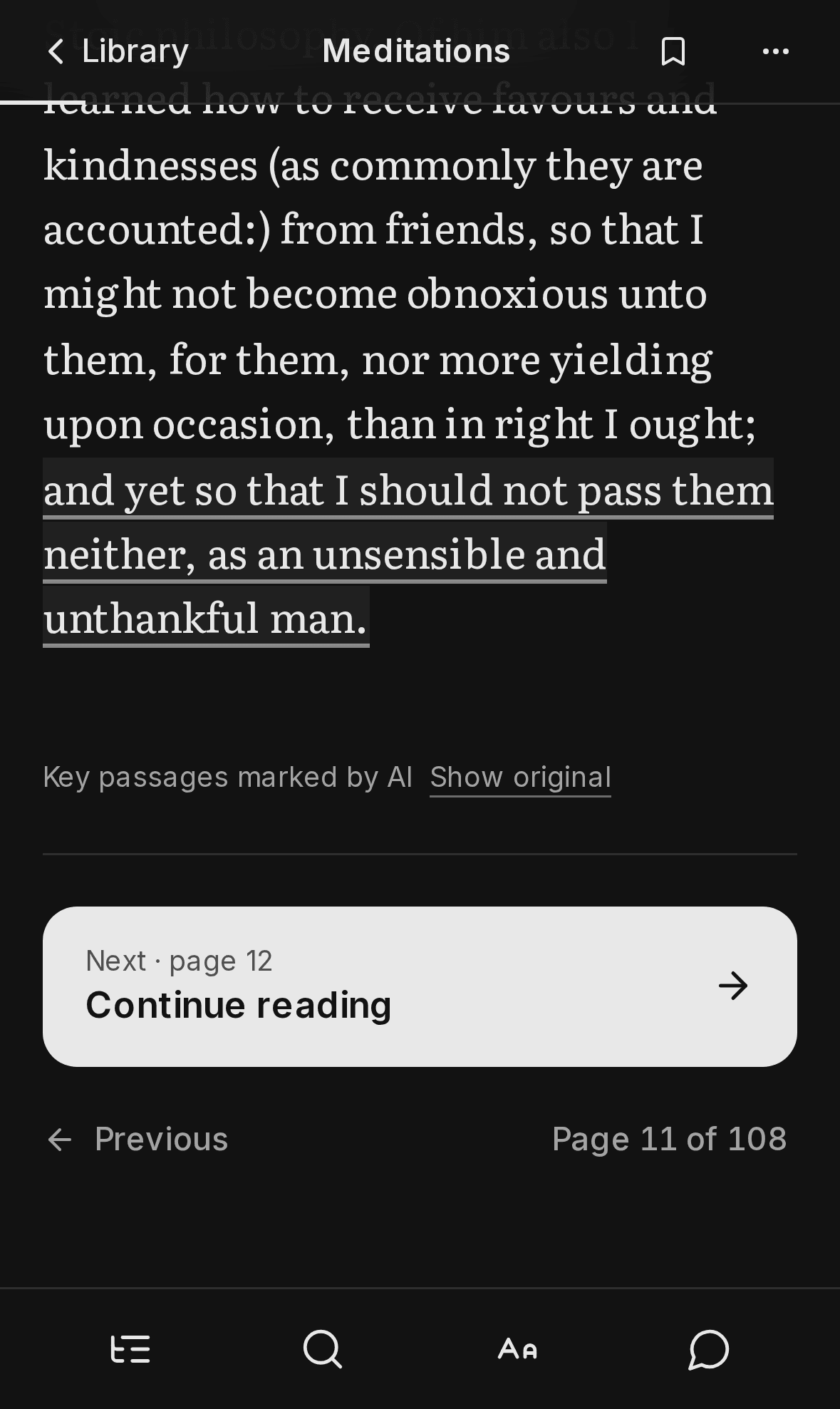 A page of Meditations with one sentence underlined, a note under it reading Key passages marked by AI, and a Show original link.