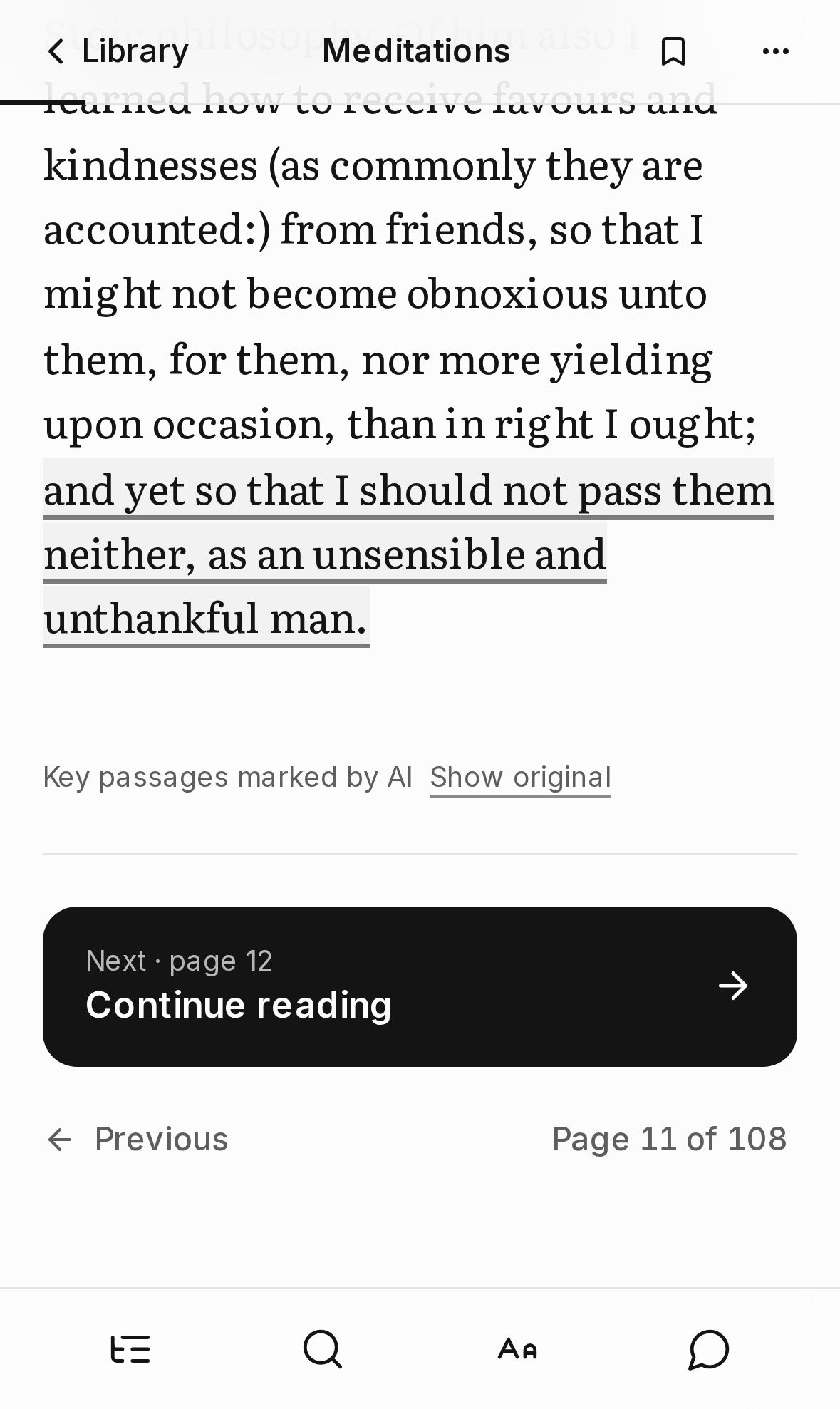 A page of Meditations with one sentence underlined, a note under it reading Key passages marked by AI, and a Show original link.